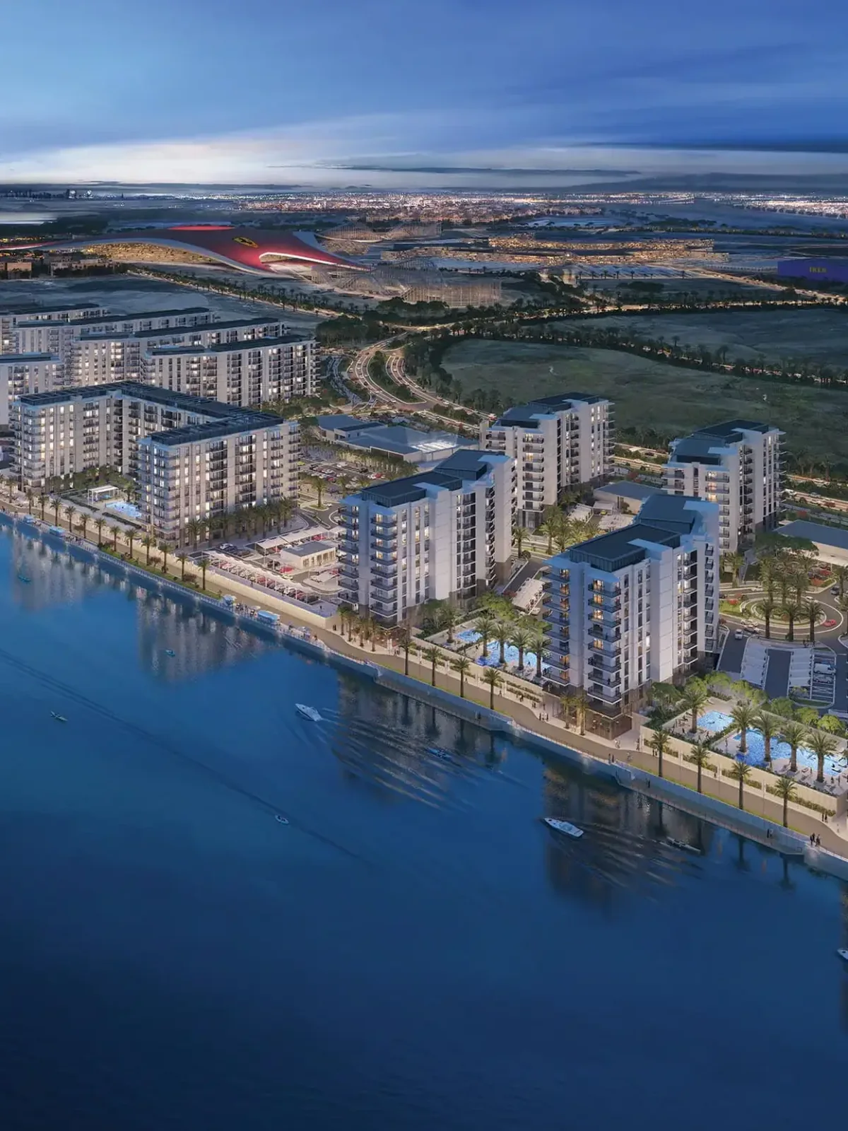 Aldar waterfront community at dusk